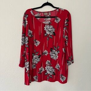 Chico’s Red Peony Floral Blouse Women’s Size XL - 3 Long Sleeve Jewel Detail